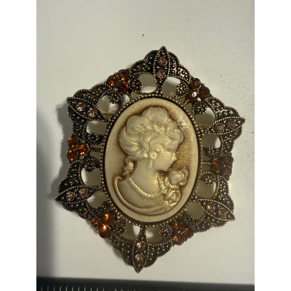 Vintage Cameo Brooch Ornate Gold Tone Rhinestone Victorian Style Portrait Pin